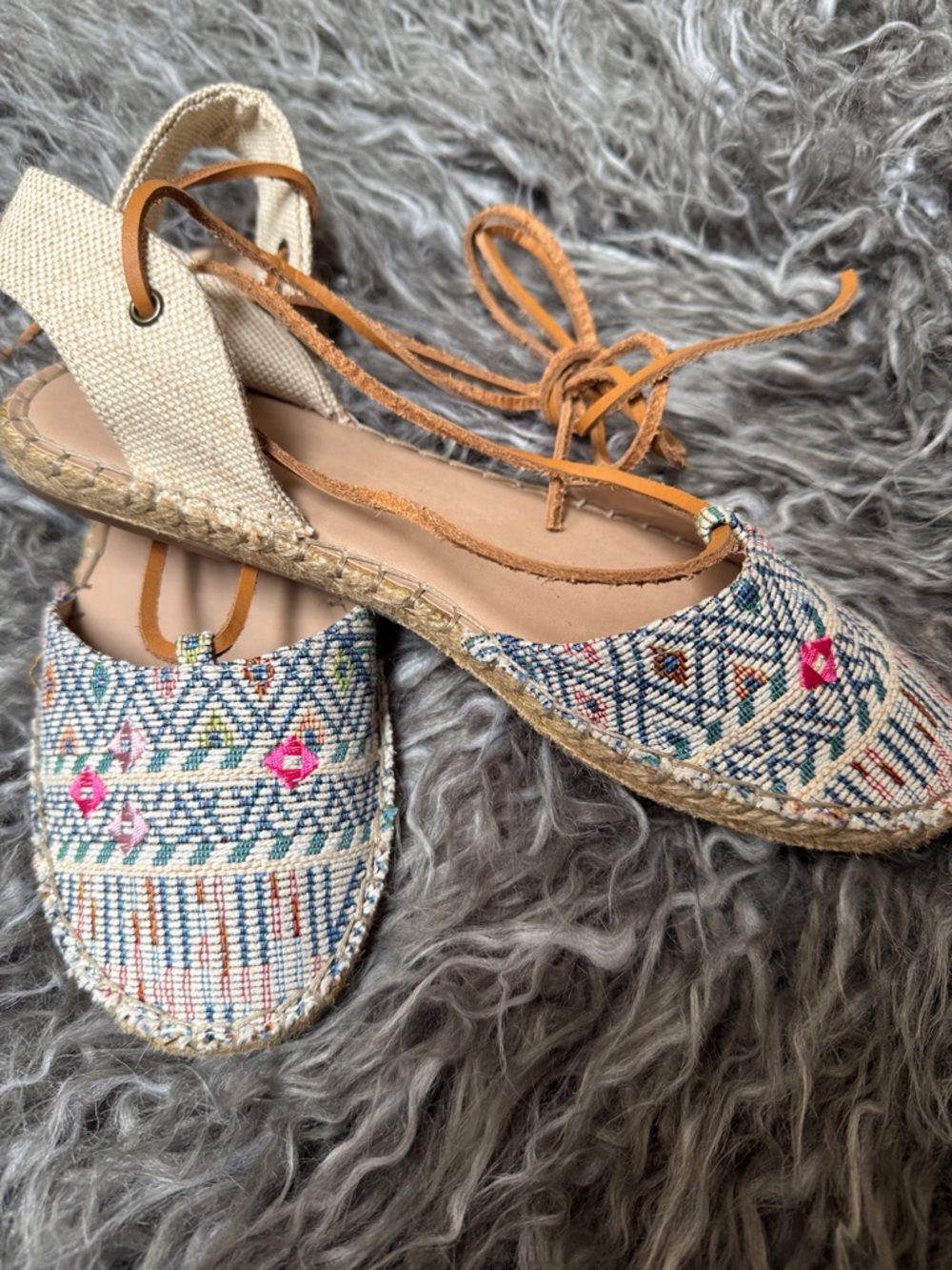 Boho Multicolor Embroidered Espadrille Flats with Tan Leather Ankle Ties